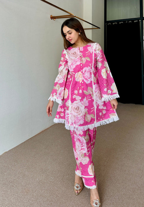 Pink Floral Schiffi Festive Kurta Set